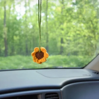 Handmade Crochet Sunflower Car Mirror, Hanging..