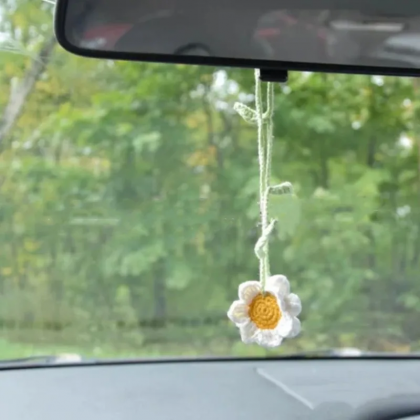 Handmade Crochet Sunflower Car Mirror, Hanging..