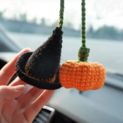 Halloween Car Accessories Crochet Pumpkin Car..