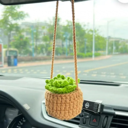 Cute potted plants crochet car mirror hanging accessories..