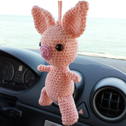 Funny Dancing Pig Crochet Car Mirror, Hanging..