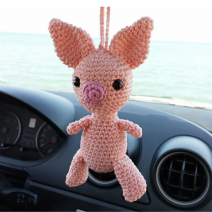 Funny Dancing Pig Crochet Car Mirror, Hanging..