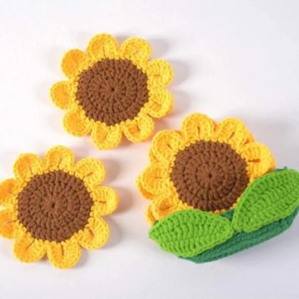 Round Knitted Sunflower Coaster, Tea Coaster,..