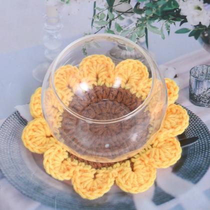 Round Knitted Sunflower Coaster, Tea Coaster,..