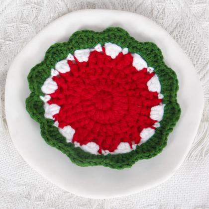 Round Knitted Strawberry Table Place Mat Pad..
