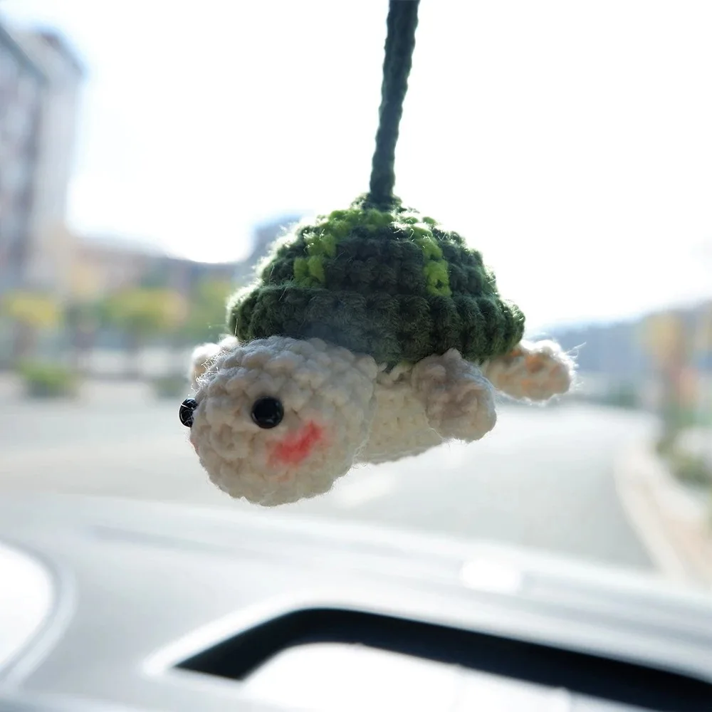 Cartoon Little Animal Handmade Crochet Turtle Rabbit Car Mirror Decoration Charm Ornaments Auto Interior Accessories Car Decor