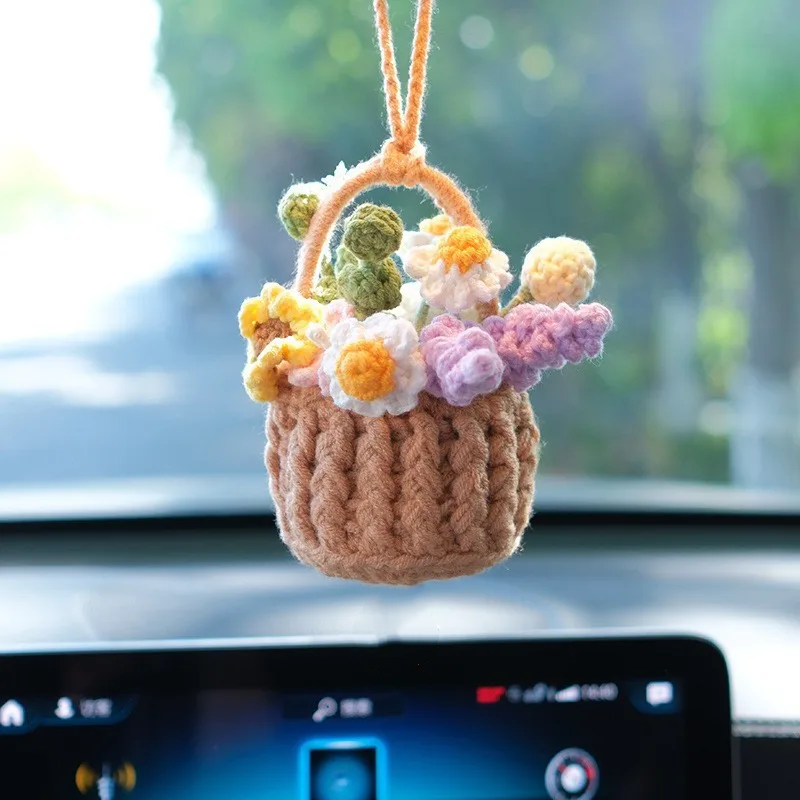 Creative & Fresh Car Pendant Car Hanger Handwoven Flower Basket Car Rearview Mirror Mini Flower Bundle Wool Hook Woven Pot Plant
