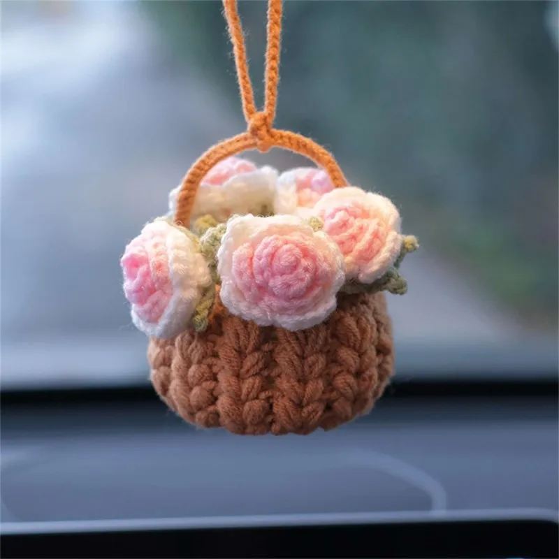 Cute Potted Plants Crochet Car Basket,hanging Bouquet Crochet For Car Decor,car Ornament Rear View Mirror Hanging Accessories