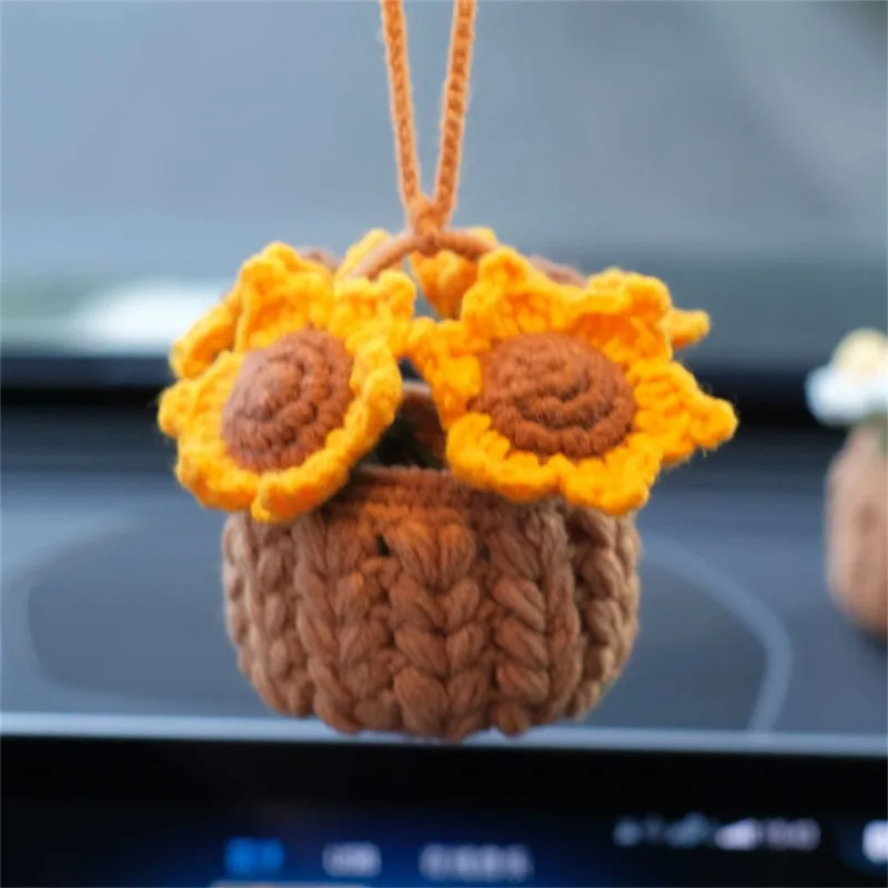 Handmade Crochet Car Styling Plants Succulent Car Plant Ornamentos Decoration Auto Interior Accersories Cute Gift For Women