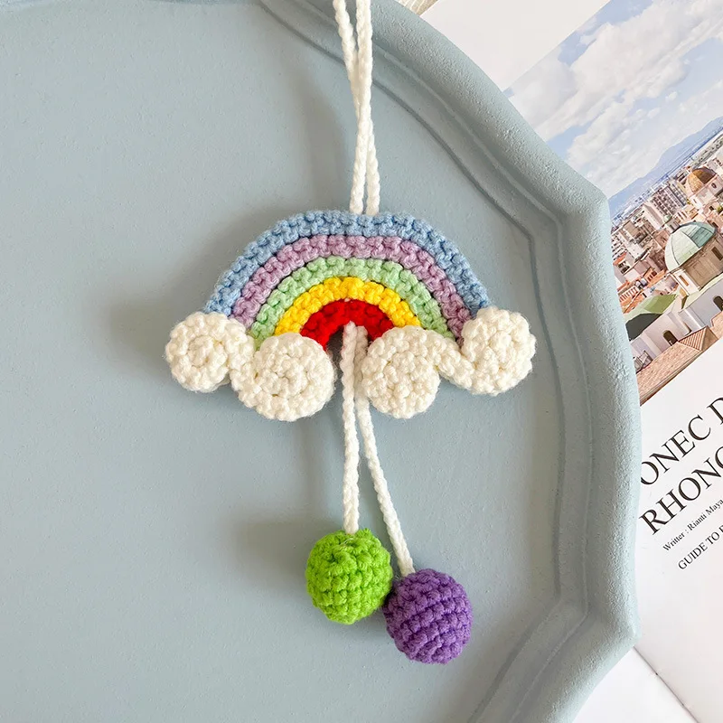 Car Hanging Tassel Wall Hanging Ornament Woven Rainbow Handmade Knitting Plush Rainbow Pendant Car Auto Interior Accessories