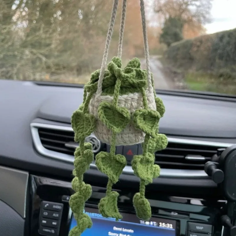 Cute potted plants crochet car mirror hanging accessories Creative Hand Knitted Plant Crocheted Car Decoration Accessories