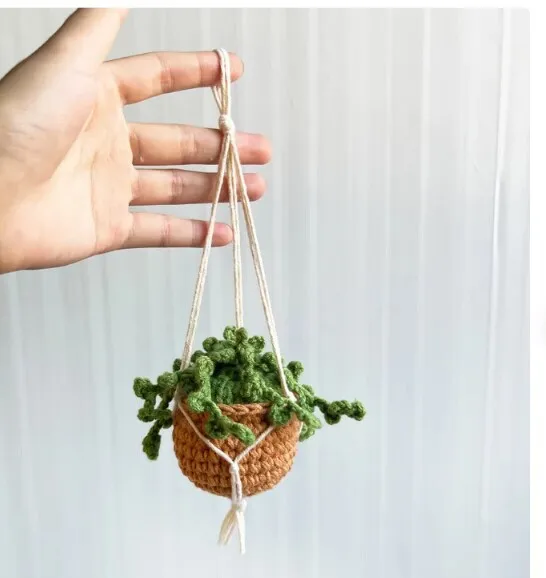 Boho Car Plant Crochet Hanging Basket, Hanging Plant For Car Decor