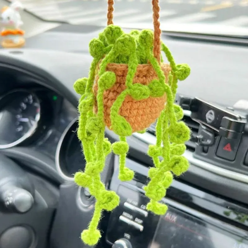 Hand Knitted Cute Potted Plants Crocheted Car Decor-car Hanging Ornament Women Men Interior Rear View Mirrors Decoration Diy