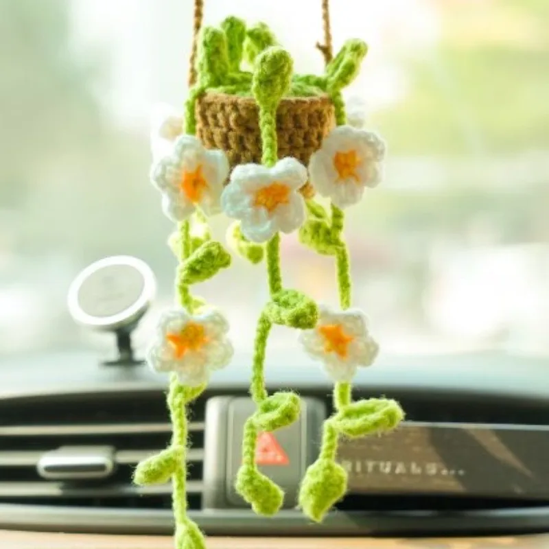 Car Handmade Crochet Plant Pendant Hanging Basket Charm Rear View Mirror Ornament Accessories Decor Gadgets Interior Styling