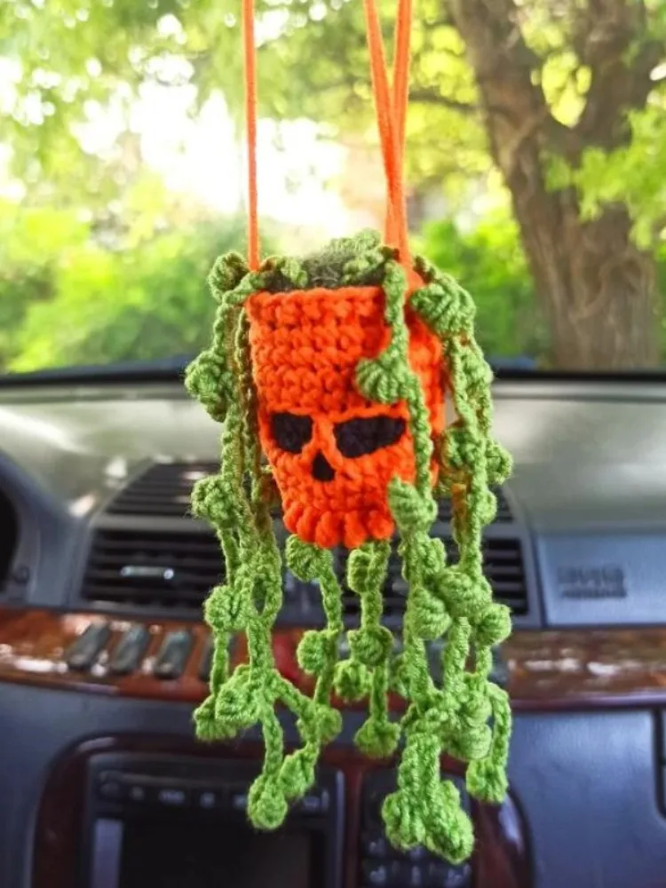 Spooky Crochet Halloween Crochet Succulents Car Pendant Halloween Spooky Ornament Succulents Car Pendant Goth Auto Parts Skull