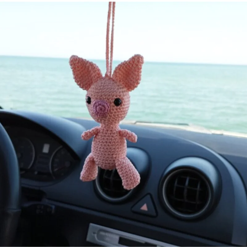 Funny Dancing Pig Crochet Car Mirror, Hanging Accessories For Women Teens Interior Rear View Mirror, Animal Charm Decor