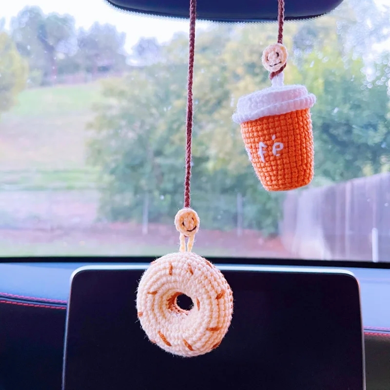 Cute Car Charms Knitted Donut Drinks Car Accessories Hand Knitted Charms Cookie Charms Car Interior Accessories