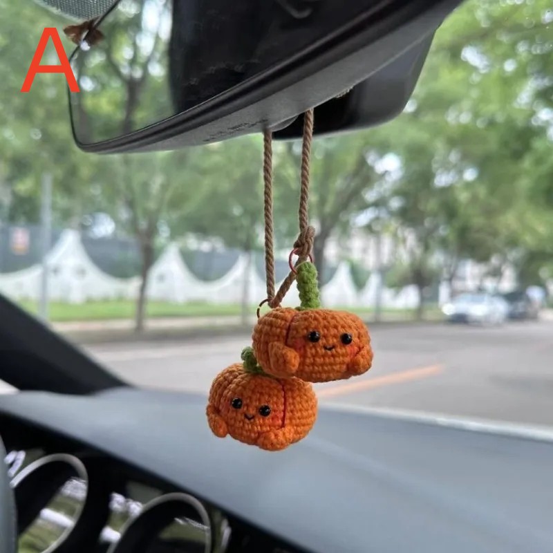 Halloween Crochet Pumpkin Car Mirror Decorative Accessories Hand-woven Pendant Lady Bag Pumpkin Key Chain, Car Key Alloy Pendant