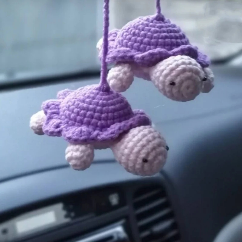 Cartoon Little Animal Handmade Crochet Turtle Rabbit Car Mirror Decoration Charm Ornaments, Auto Interior Accessories, Car Decor