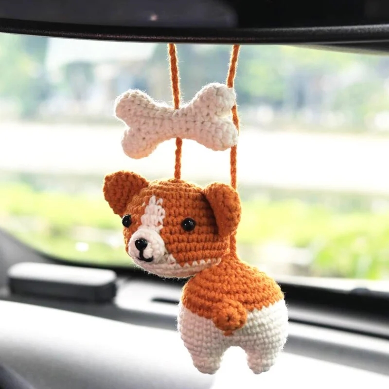 Woven Animal Car Hanging Ornament Handmade Knitting Cute Dog Bone Pendant Wall Hanging Ornament Car Auto Interior Accessories