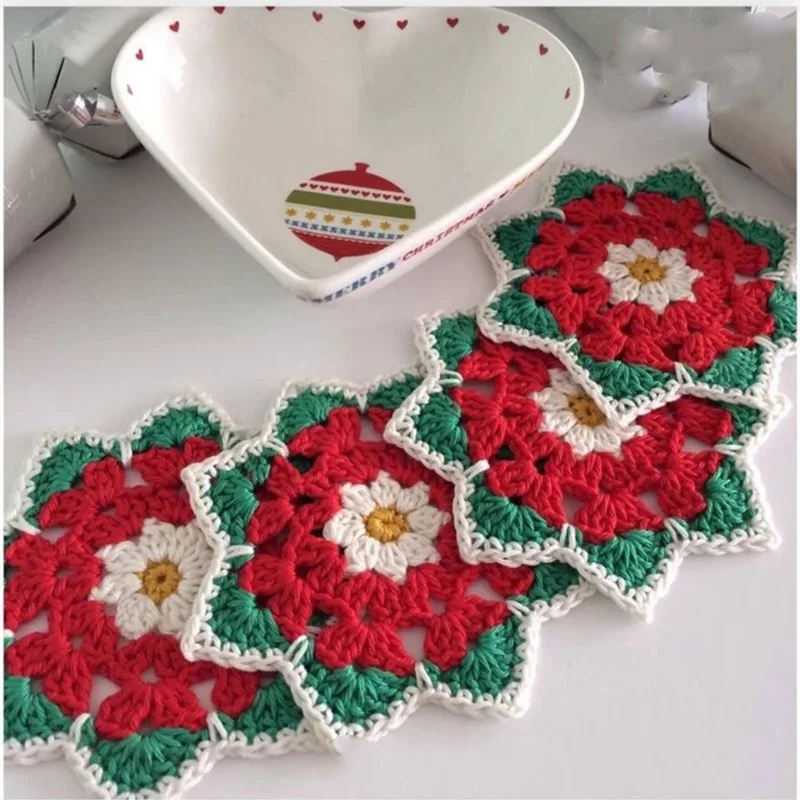 Home Decor Coasters Hand Hook Knitted Coasters Christmas Party Flowers Coasters Insulation Protection Table Treasure Kitchen Mat