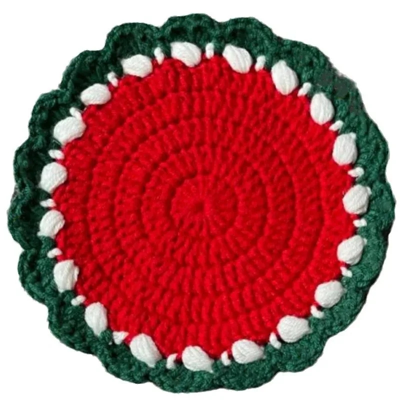 Round Knitted Strawberry Table Place Mat Pad Crochet Placemat Cup Tea Coaster Handmade Cup Mat Wedding Kitchen Table Mat