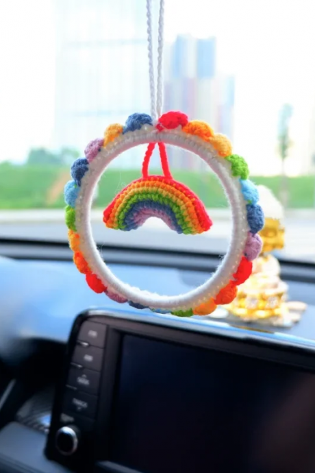 Woven Rainbow Car Hanging Tassel, Diy Handmade Knitting Plush Rainbow Pendant, Wall Hanging Ornament, Auto Interior Accessories