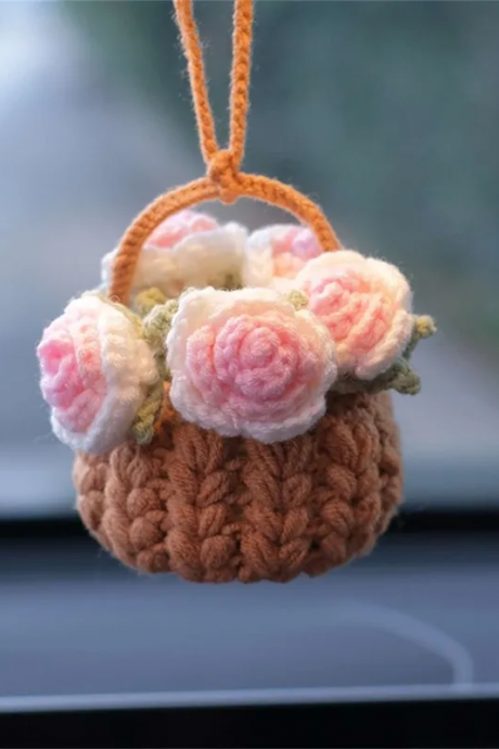 Cute Potted Plants Crochet Car Basket,hanging Bouquet Crochet For Car Decor,car Ornament Rear View Mirror Hanging Accessories