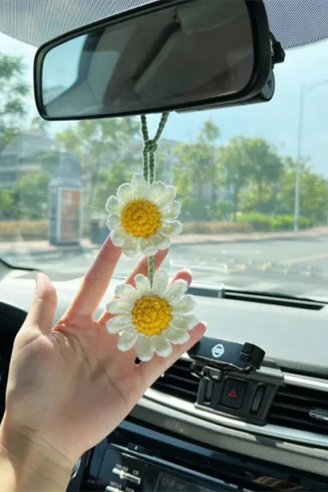 Car Hanging Ornaments Crochet Flowers Pendant Woven Car Hanging Ornaments Hand Knitted Car Charms Home Decor For Women Gifts