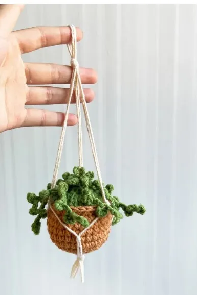 Boho Car Plant Crochet Hanging Basket, Hanging Plant For Car Decor