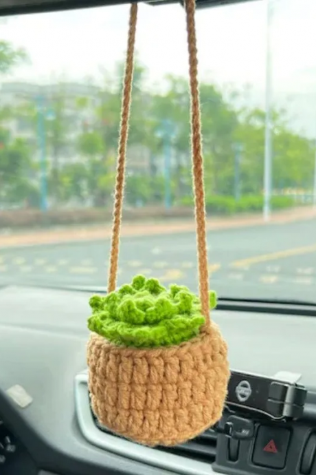 Cute potted plants crochet car mirror hanging accessories Creative Hand Knitted Plant Crocheted Car Decoration Accessories