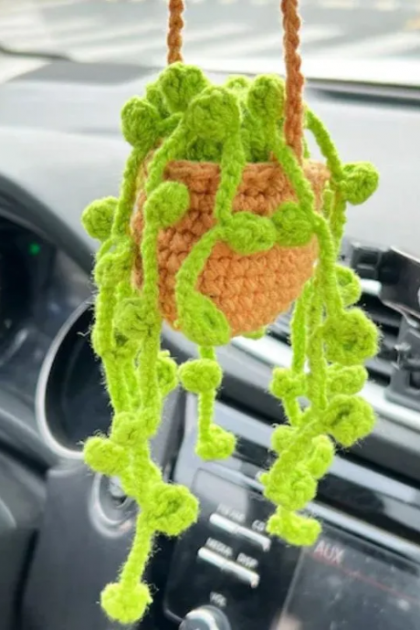 Hand Knitted Cute Potted Plants Crocheted Car Decor-car Hanging Ornament Women Men Interior Rear View Mirrors Decoration Diy