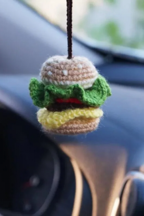 Creative Hamburger Car Pendant, Handmade Cotton Rope Woven Love Hanging Ornament, Auto Decoration, Nordic Style Car Accessories