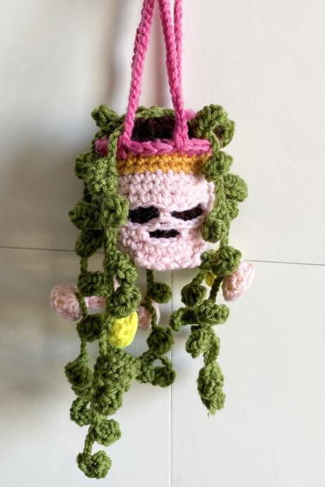 Cute Potted Plants Crochet Car Basket,hanging Plant Crochet For Car Decor,car Ornament Rear View Mirror Hanging Accessories
