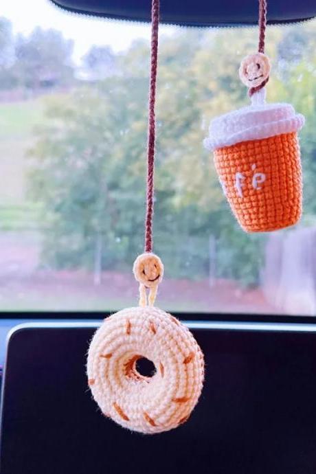 Cute Car Charms Knitted Donut Drinks Car Accessories Hand Knitted Charms Cookie Charms Car Interior Accessories