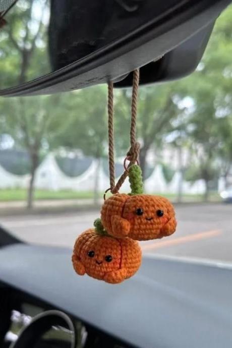 Halloween Crochet Pumpkin Car Mirror Decorative Accessories Hand-woven Pendant Lady Bag Pumpkin Key Chain, Car Key Alloy Pendant