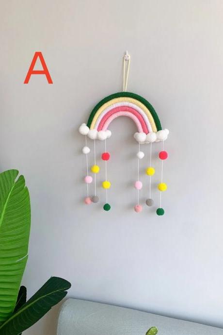 Ins Style Rainbow Clouds Tapestry, Felt Ball, Macrame Wall Hanging Decor, Kids Room Hanging Ornament, Balcony Home Wall Decor